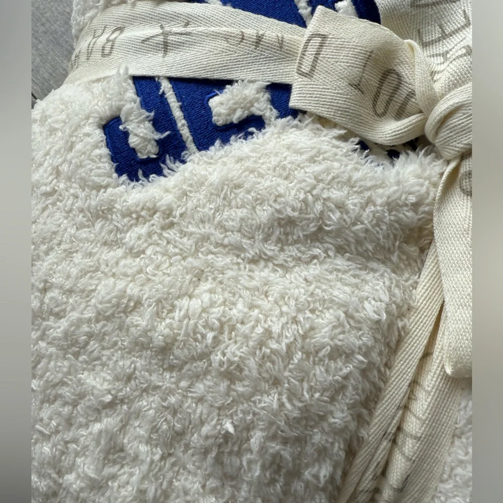 NWT Jeopardy! Barefoot Dreams Cream Throw Blanket Blue Lettering
